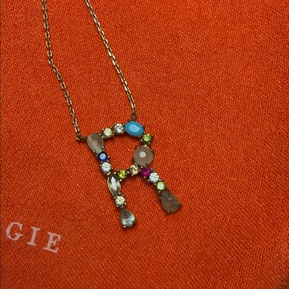 Anthropologie Multicolor Gemstone R Pendant w/ adjustable goldtone chain